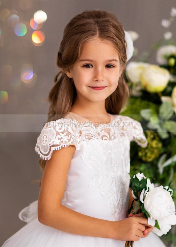 Ivory Lace Tulle Sheer Buttons Back Flower Girl Dress